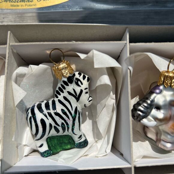 Four vintage handblown glass jungle animals Christmas ornament set, Poland, box - Picture 8 of 8